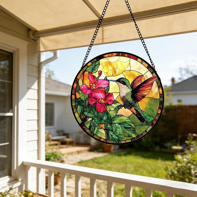Stained Glass Suncatcher, Hummingbird Red Flowers Green Leaves Sun Catcher Stain Glass Window Hanging Decoration Mother's Day Birthday Gifts for Bird Lover Women Men Mom Nana 15 in