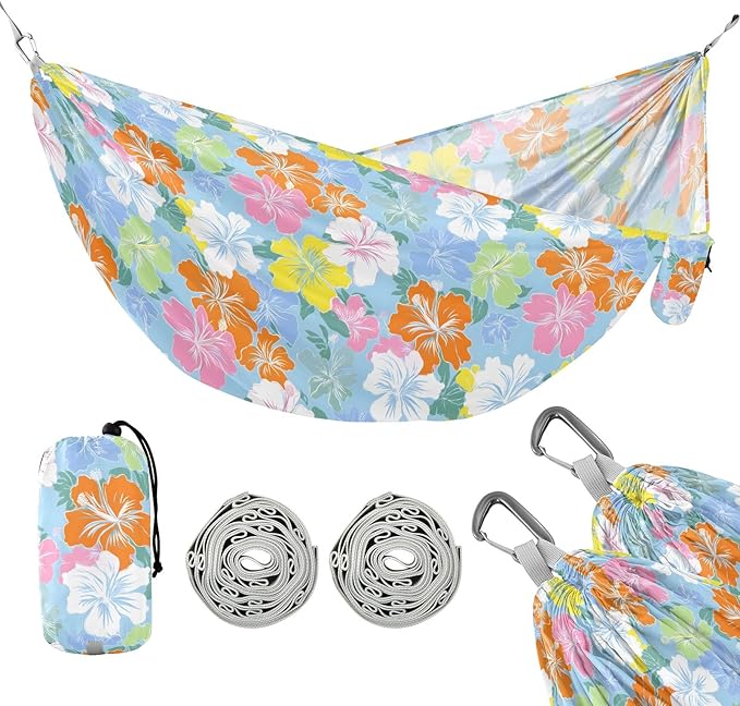 Camping Hammock Outdoor Hammocks for Outside Colorful Hibiscus Flowers Beach Trees Portable Lightweight with Pockets Tree Straps Indoor