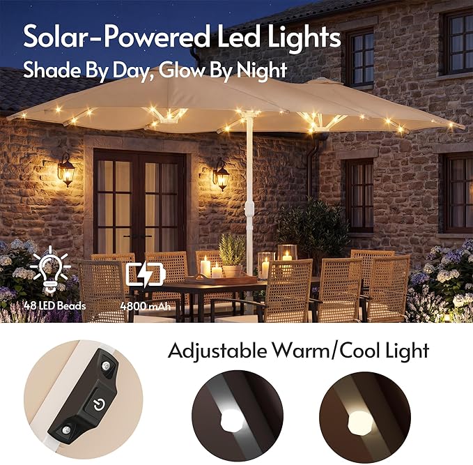 15ft Double-Sided Patio Umbrella with Solar Lights and Base Included, Large Patio Umbrella with 48 LED Dual-Color Lights, 135 Sq Ft Shade Area Patio Table Umbrella for Pool, Outddor, Deck (Champagne)
