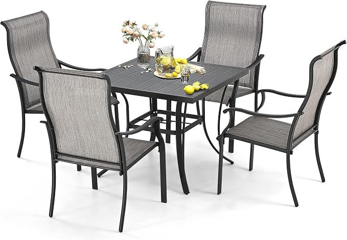 HAPPATIO Patio Dining Sets,5 Piece Outdoor Dining Set,4 Textilene Dining Chairs and 1 Square Dining Table with Iron Slat Table Top. Easy to Maintain and Weather-Resistant. (Grey)