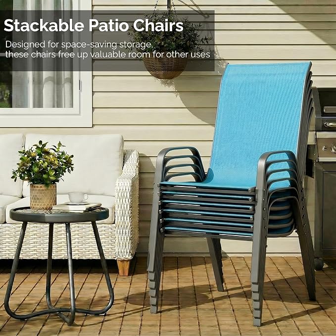 MAMIZO 7 Pieces Patio Dining Set for 6, Outdoor Table and Chairs w/Rectangle Glass Table and 6 Textilene Stackable Chairs, Patio Furniture Set w/1.69" Umbrella Hole (Grey Table & Sky Blue Chair)