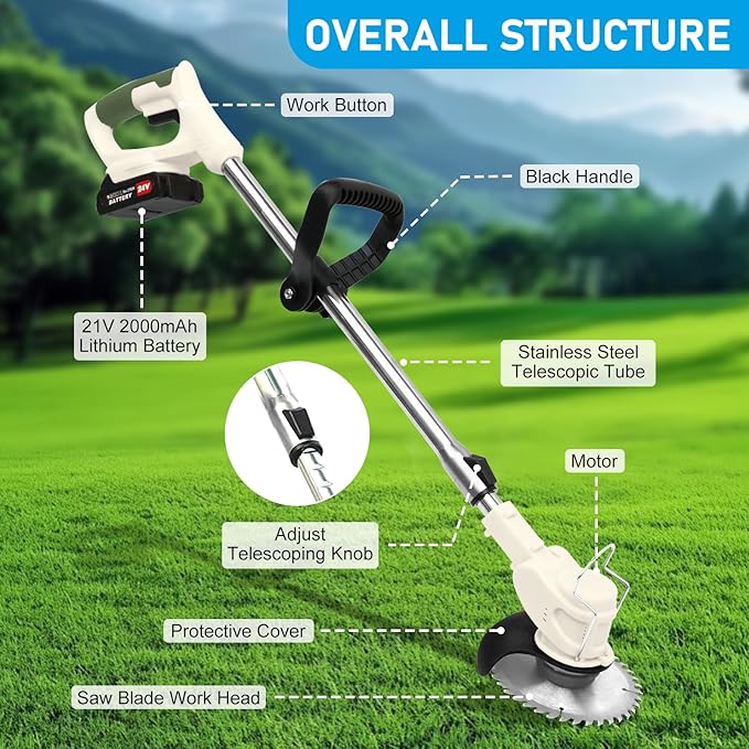 ALSO GO Cordless Weed Wacker Electric Grass Trimmer 24V Battery Powered Weed Trimmer, 3-in-1 Brush Cutter Weed Cutter Lawn Edger with 5 Types Blade & Wheels Lightweight for Garden and Yard Lawn-White