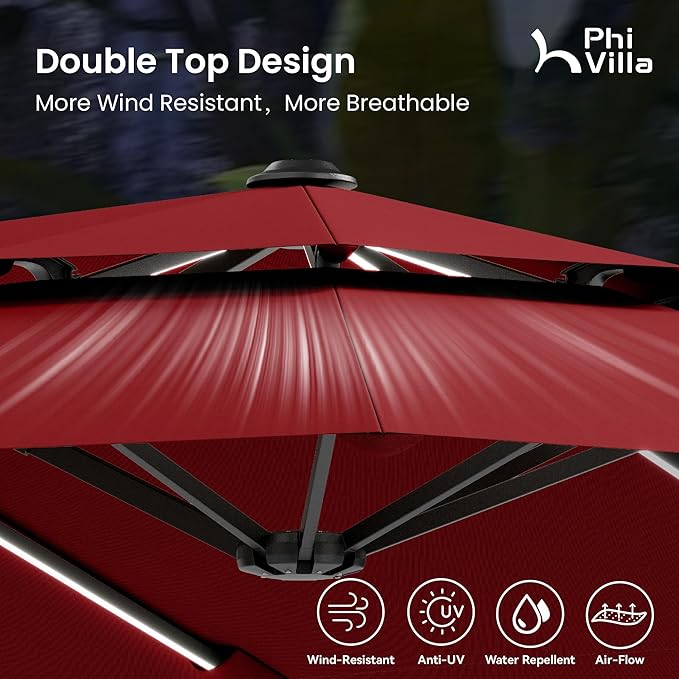 PHI VILLA 13ft Patio Umbrella with 120 PCS Solar-Powered LED Color-Changing Lights, 2-Tier Double-Sided Large Rectanglular Umbrella with Base Included, Wine Red