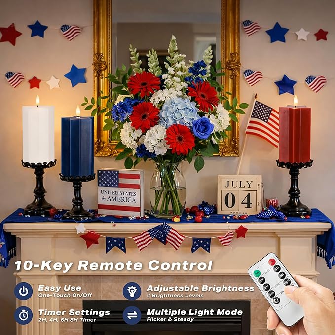 4th of July Flameless Candles with Remote, Red White and Blue Patriotic LED Candles, Battery Operated Star Shaped Decorative Candles for Independence Day Home Party Decor, Set of 3