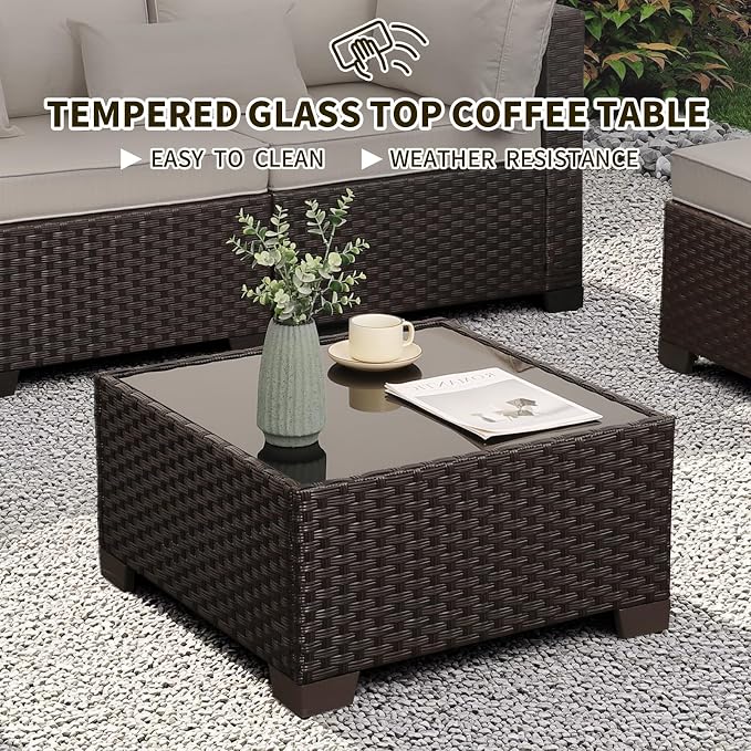 WAROOM Outdoor Patio Furniture Set 7 Pieces Wicker Sectional Sofa Brown Rattan Conversation Couch with Coffee Table, Anti-Slip Thick Beige Cushion