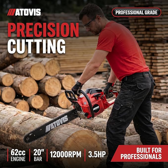 62CC 20-Inch Gas Chainsaw 2-Cycle Top Handle Powered Chainsaws Professional Petrol Handheld Cordless Chain Saw for Trees Cutting, Wood Cutting, Farm and Garden Use