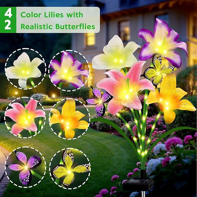 Solar Lights Outdoor, Gift for Women Mom Grandma Wife, 6 Pack 24 Solar Lily Flower Lights With 16 Butterfly Decor Solar Flower Lights Waterproof Outside Decor Stake Light for Landscape Yard Patio Lawn
