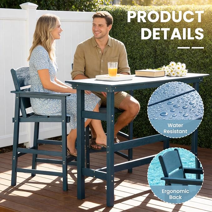 HDPE Outdoor Bar Height Chairs Set of 6, 28.5" Seat All-Weather High Top Patio Stools with Backrest, Heavy Duty Commercial Grade Deck Seating for Backyard Party/Pool/Balcony, Wood Texture Blue