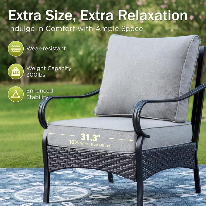 PHI VILLA Patio Furniture Set, Upgraded Wicker & Metal Modern Outdoor Conversation Sets Patio Sectional Fixed Chair Set with Coffee Table & Waterproof Thick Cushions for Porch, Deck(6 Pieces, Grey)