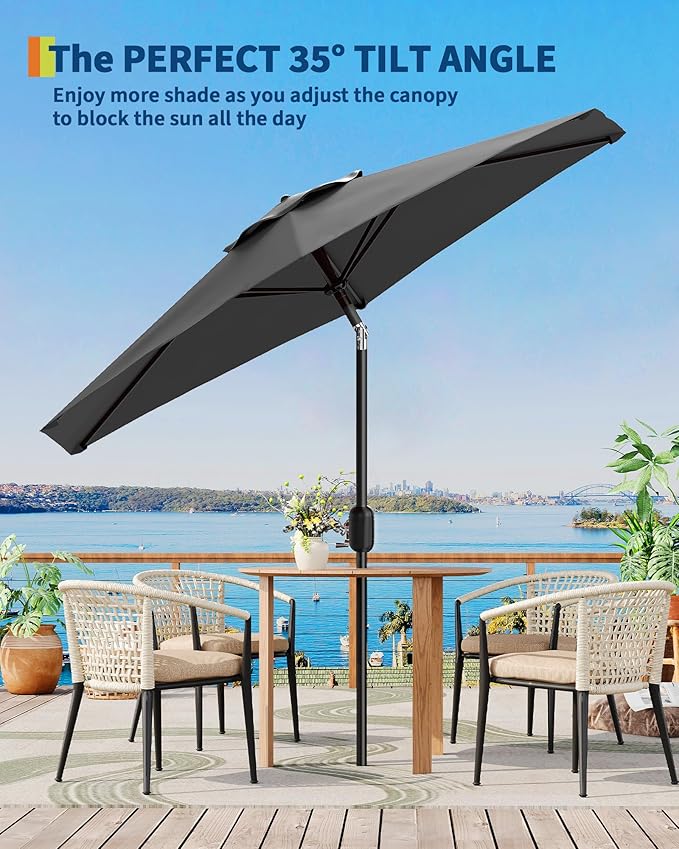 GarveeLife 7.5 ft Outdoor Patio Umbrella, Outdoor Table Umbrella, Market Umbrella with Push Button Tilt and Crank, 6 Sturdy Ribs UV Protection Waterproof for Garden, Deck, Backyard, Pool (Grey)