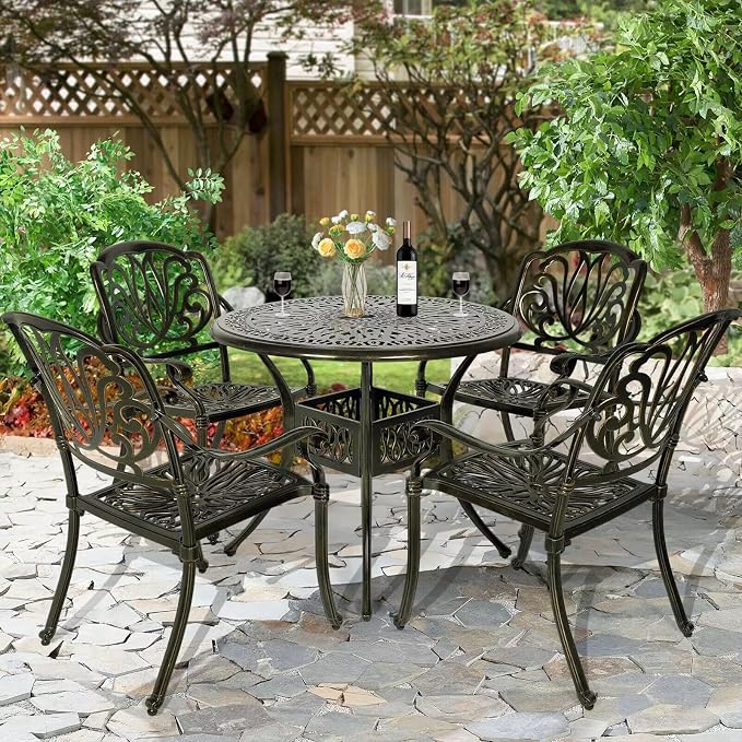 5-Piece Outdoor Patio Dining Set, All-Weather Cast Aluminum Patio Furniture Set with 4 Chairs and 35.4" Round Table for Backyard Garden Deck, 2" Umbrella Hole