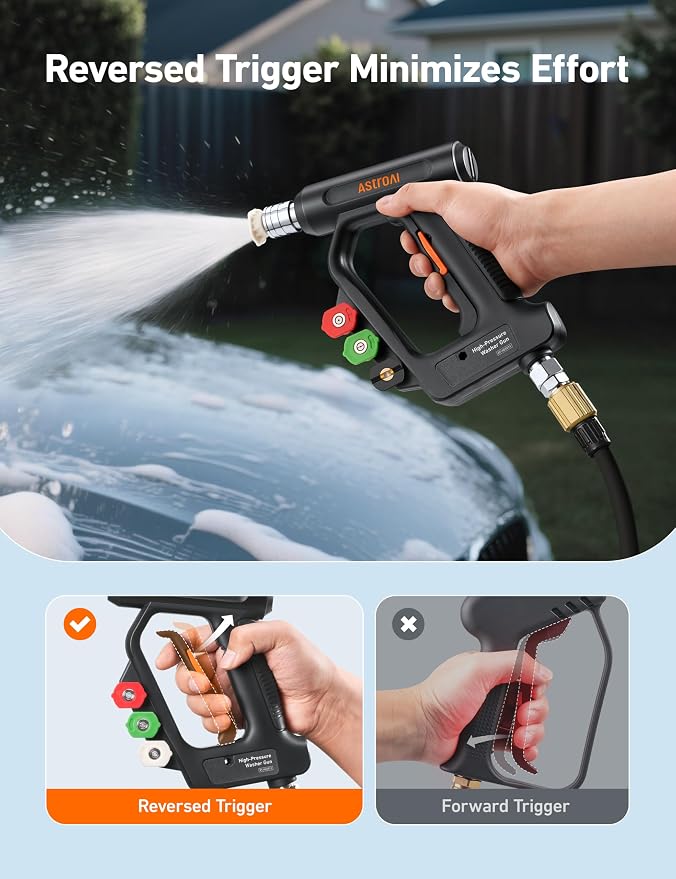 AstroAI Short Pressure Washer Gun with Swivel, Power Washer Gun with 3/8" Quick Connect Inlet & 1/4" Outlet, 4060 PSI, with 4 Nozzles, Ergonomic Comfort Grips, Compatible with Foam Cannon for Car Wash