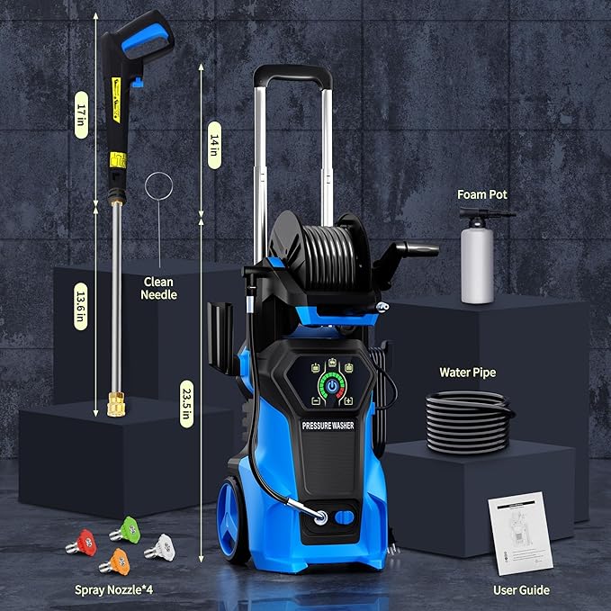 Fenbeli 𝟓𝟎𝟎𝟎𝐏𝐒𝐈 𝐏𝐫𝐞𝐬𝐬𝐮𝐫𝐞 𝐖𝐚𝐬𝐡𝐞𝐫 Portable Washer Cleaner with 4 Quick Connect Nozzles for Car Driveway Patio Fence (Blue)