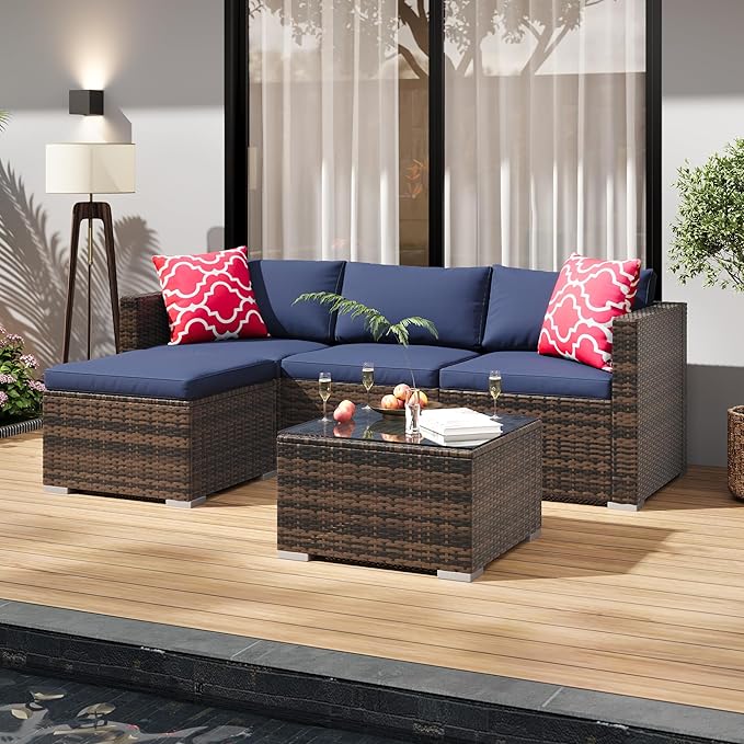 5-Piece Outdoor Sectional Sofa Set, All-Weather PE Rattan Patio Furniture with Ottoman & Tempered Glass Table, Convertible Garden Couch for Backyard, Porch, Poolside (Brown/Navy Blue)