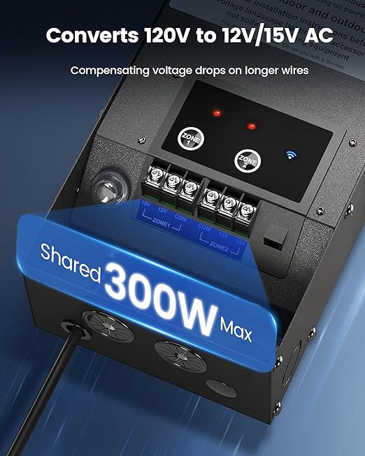 SURAIELEC 300W Wi-Fi Low Voltage Landscape Transformer, 2 Independent Channels, 2.4GHz Smart Landscape Lighting Transformer, Work with Alexa & Google Assistant,120V to 12V 15V AC, ETL Listed