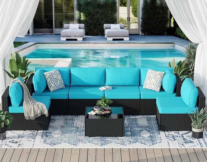 JAMFLY 7-Piece Outdoor Patio Furniture Set, Modular PE Rattan Sectional Sofa with Thick Cushions & Glass Coffee Table, Weather-Resistant Wicker Conversation Set for Poolside, Balcony, Garden, Blue
