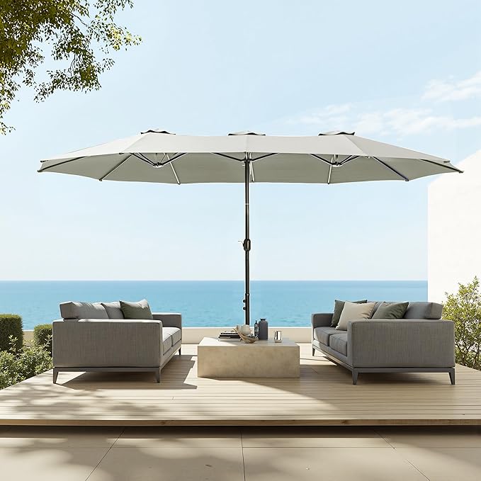 Sophia & William 15 ft Extra Large Patio Umbrella with Base Included, Rectangular Outdoor Umbrella Heavy Duty, Market Umbrella Double-sided Fade Resistant for Pool Garden Backyard, Ivory White