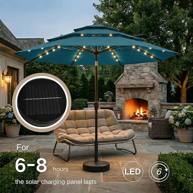 Kingdura 10ft 3-Tier Patio Umbrella with Solar Lights, Table Umbrella Outdoor Patio with Easy Crank & Tilt, 8 Sturdy Ribs, UV Protection, 32 LED Lights for Deck, Poolside, Market (Lake blue)