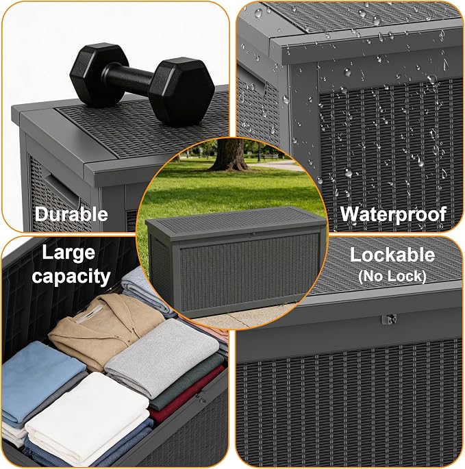 ROJIK 320 Gallon Deck Box Outdoor Waterproof,Weatherproof Outdoor Storage Boxes Lockable with Lid,Outside Resin Storage Bench for Patio Cushions,Garden Tools and Pool Accessories(Black)