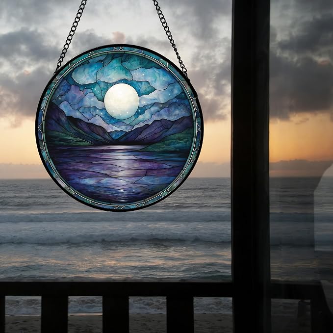 DASTOLL Stained Glass Window Hanging, Blue Night Moon Lake Sun Catchers Colorful Glass Panel Landscape Suncatcher Decor for Birthday for Women, Men, Wife, Aunt, and Mom 7.8 in