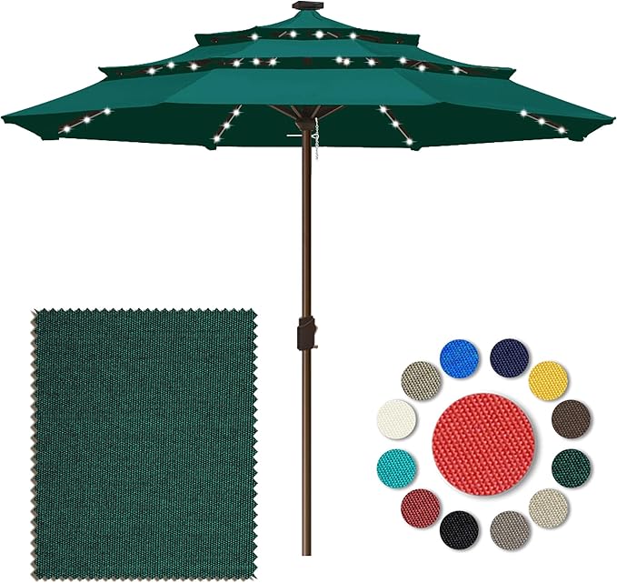 Eurmax USA 10-Year-Non-Fading 10FT 3-Tier Outdoor Patio Market Umbrella with LED Lights,UPF50+ UV Resistant,Commercial Grade,Crank Lift Design,Windproof Vented Top for Garden,Pool,Deck,Forest Green
