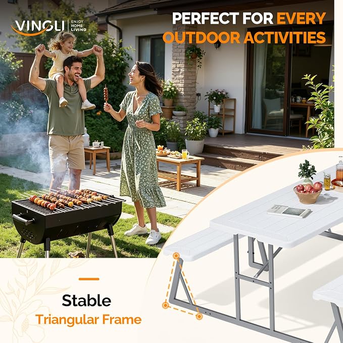 VINGLI Outdoor Picnic Table with Umbrella Hole, 6FT All Weather Metal Frame HDPE Tabletop Plastic Picnic Table for Dining Party Garden(White)