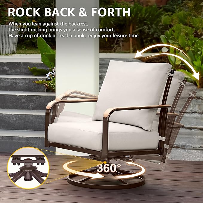 NATURAL EXPRESSIONS 4 Pieces Patio Furniture Sets,Modern Metal Outdoor Conversation Sofa Sets with High Back Swivel Rocking Chairs,Loveseat,Double-Deck Wooden-Grain Metal Table, 6" Cushions Beige