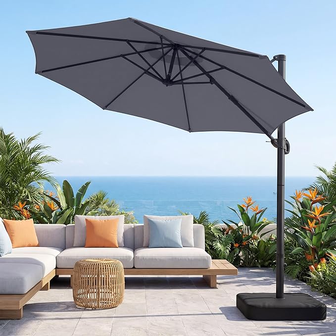 OLILAWN 10ft Patio Umbrella with Base Included, Large Cantilever Outdoor Umbrella with 360°Rotation & Infinite Tilt, Heavy-Duty Frame for Deck, Pool, Backyard, Garden, Charcoal