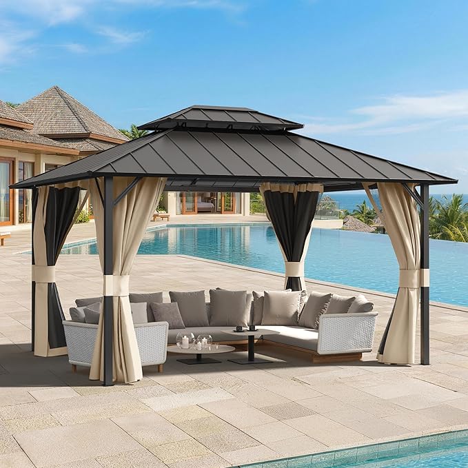 UDPATIO 12'x14' Hardtop Gazebo, Permanent Patio Pavilion with Breathable Netting and Privacy Curtain for Dining Party, Beige
