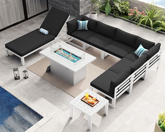 NICESOUL 7 People Large Luxury Aluminum Patio Conversation Set with Lounge & Fire Pit Table, 29" Deep Wide Modular Sectional Couch, 500 lbs Heavy Duty All Weather Outdoor Sofa for Poolside Yard, Black