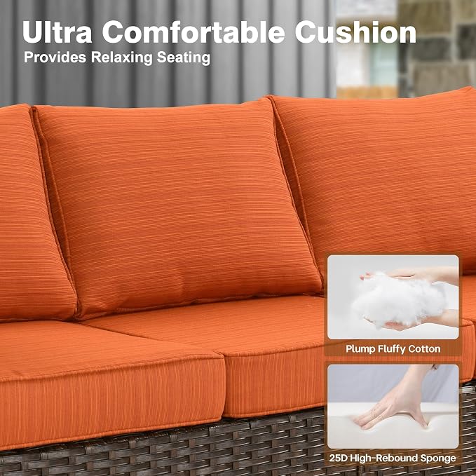 ovios 7 Pieces Patio Furniture Set, Outdoor Wicker Sofa Couch with 4 Chairs Comfy Cushions, All Weather Brown Rattan Conversation Set for Backyard Deck Porch, Orange Red