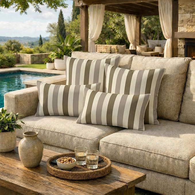 RSH DECOR: Sunbrella Lumbar & Square Pillows Set of 4 | 20" x 12" & 17" x 17" | Water and Fade-Resistant Fabric | Outdoor Throw Pillows for Patio Furniture | Made in USA (Portico Sparrow)