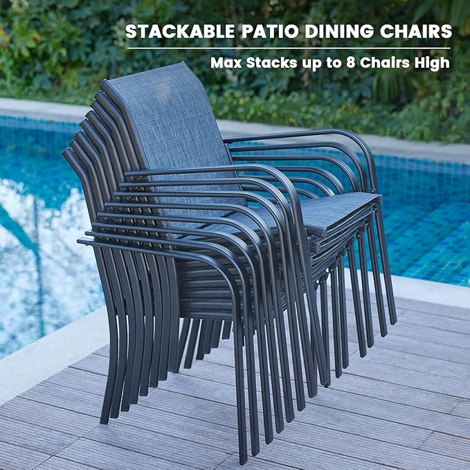 VICLLAX Outdoor Set for 2, Small Patio Table and Chairs Set of Stackable Patio Sling Chairs and Square Dining Table for Front Porch, Dark Grey Fabric and Black Table