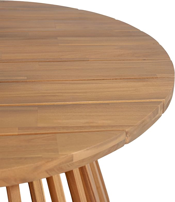 Wood Outdoor Round Coffee Table, Weather-Resistant Patio Table with Striped Base, for Garden, Deck, and Backyard, Light Brown