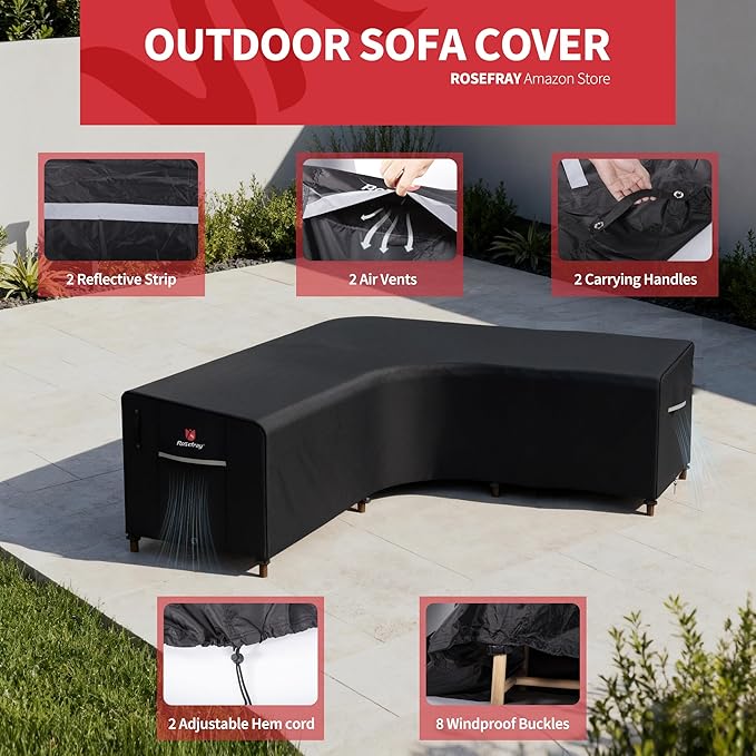 Rosefray 600D Outdoor L-Shaped Sectional Cover,Heavy Duty Anti UV Patio Sectional Sofa Cover with Air Vent, Waterproof Furniture Covers for Deck, Lawn,Backyard Left Facing 85''x105'' Black