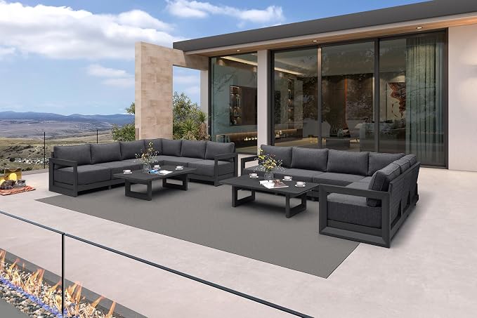 PURPLE LEAF Patio Furniture Set L-Shaped Outdoor Couch with 9.6" Thick Cushion and Soft Pillows 14 Piece Outdoor Sectional Sofas with Table Modern Patio Conversation Sets for Yard Porch Deck, Grey