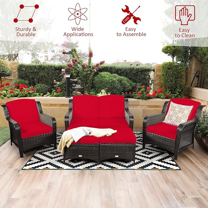 Tangkula 5 Pieces Patio Furniture Set, Outdoor Rattan Conversation Sofa Set with Loveseat, Single Sofas and Ottoman, Sectional Sofa Set with Removable Cushions for Porch, Backyard, Balcony, Lawn