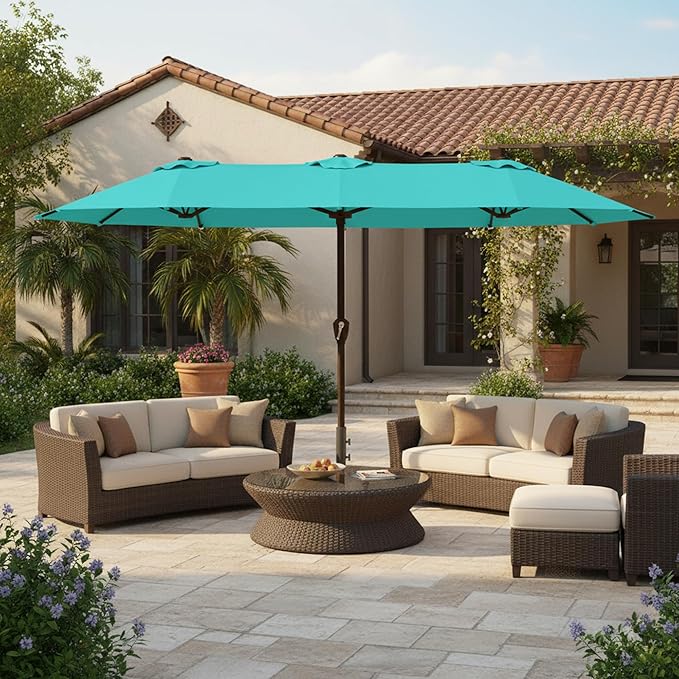 15FT Large Patio Umbrella with Base, Double Sided Rectangular Outdoor Umbrella with Sturdy Fiberglass Ribs, UPF 50+ Sun Protection, Wind-Resistant, Waterproof Fade-Resistant Fabric for Pool, Garden, Backyard, Deck(Peacock Blue)