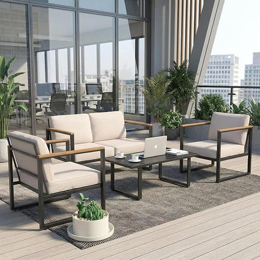 Patio Furniture Set 4-Piece, Outdoor Metal Conversation Set with Thick Washable Cushions, Conversation Set with 2 Chairs & Coffee Table Patio Sectional Furniture for Pool, Garden, Balcony, Beige