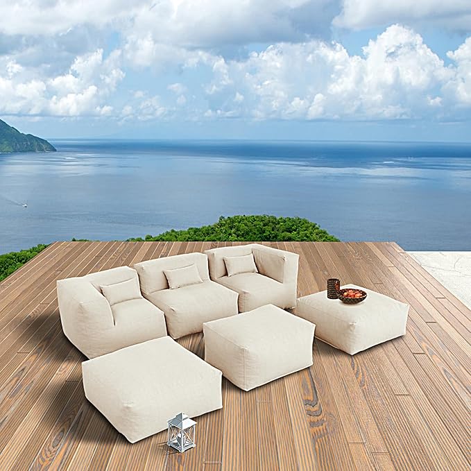 Patio Furniture Set Bean Bag Chairs PortoCervo 6PC Outdoor Chairs Sectional Conversation Patio Set Daybed Furniture Outdoor Sofa Couch High Density Foam Filling Modern Comfy Patio Couch (Light Beige)