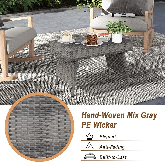 RELAX4LIFE Patio Rattan Side Table - Folding Coffee Table with Premium Brown PE Wicker & High-Duty Steel Frame, Outdoor Beside Table for Garden, Courtyard, Poolside (Gray)
