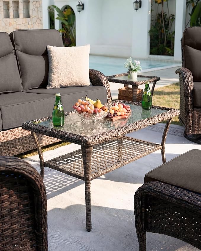 Belord Upgraded 6“ Cushion Luxury Patio Furniture Set with Fire Pit Table - 7 Piece Wicker Furniture Set with High Back Swivel Rocker Patio Chairs, Conversation Set for Deck Porch Yard - Brown/Grey
