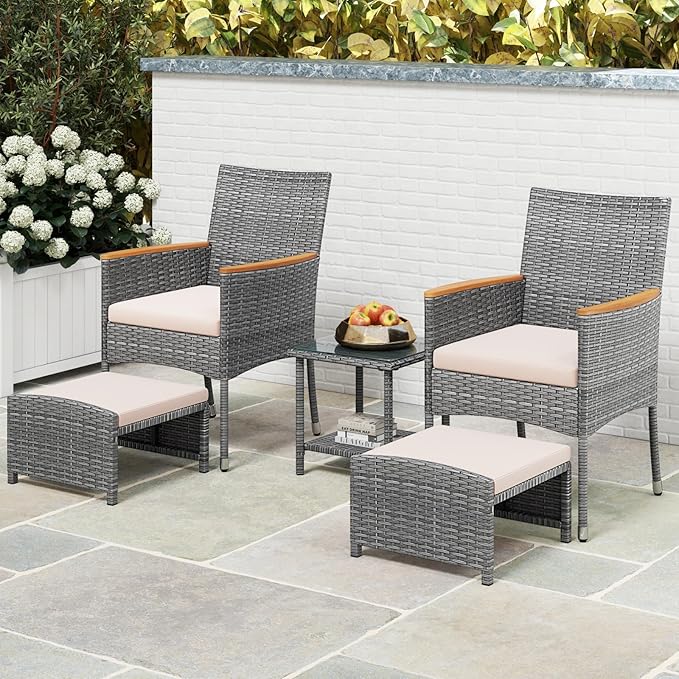 Tangkula 5 Pieces Patio Conversation Set, Outdoor PE Rattan Chairs with Soft Cushions, Ottomans & Tempered Glass Top Table, Acacia Wood Armrests, Patio Furniture Set (Mix Grey+Beige)