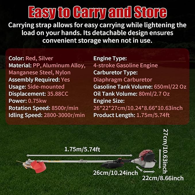 35.8CC Gas Weed Wacker, 2-Stroke String Trimmer/Edger Single Cylinder Air Cooled Engine Multi Purpose Gas Powered Weed Trimmer with Straight Shaft Lawnmower Strings for Home Lawn Tea Garden