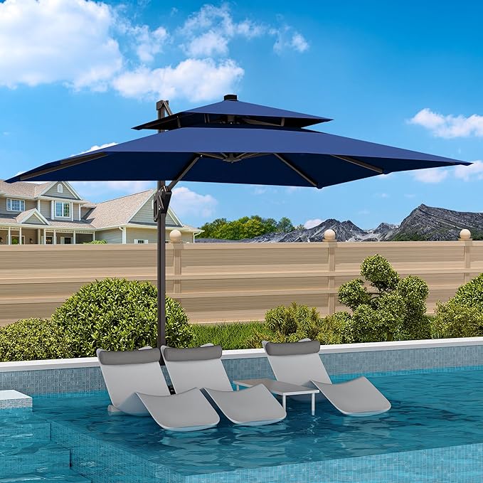 9' X 12' Cantilever Patio Umbrella with Base Included Double Top Rectangular Outdoor Large Offset Umbrellas with 7 Tilts Adjustable 360°Rotation for Deck Pool Garden Backyard, Navy
