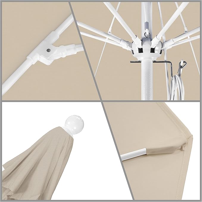 California Umbrella 11Ft Commercial Grade Market Umbrella, Pulley Lift, Aluminum/Fiberglass, 2mm pole wall, White Frame, Solution Dyed Beige Fabric