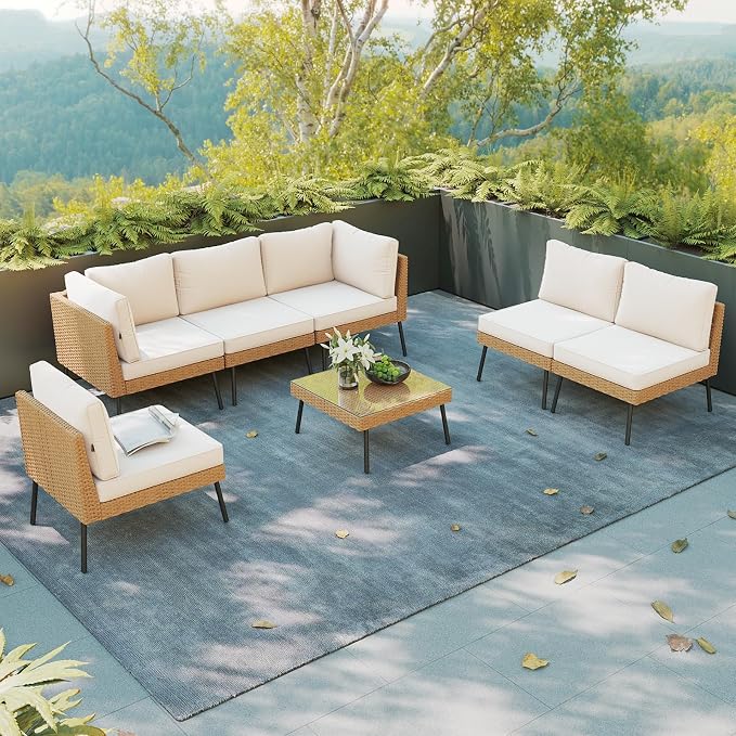 Aoxun Patio Furniture Set, 7 Piece Outdoor Sectional Sofas with Thick Cushion, Wicker Outdoor Patio Furniture Set with Coffee Table for Party, Garden, Backyard, Beige