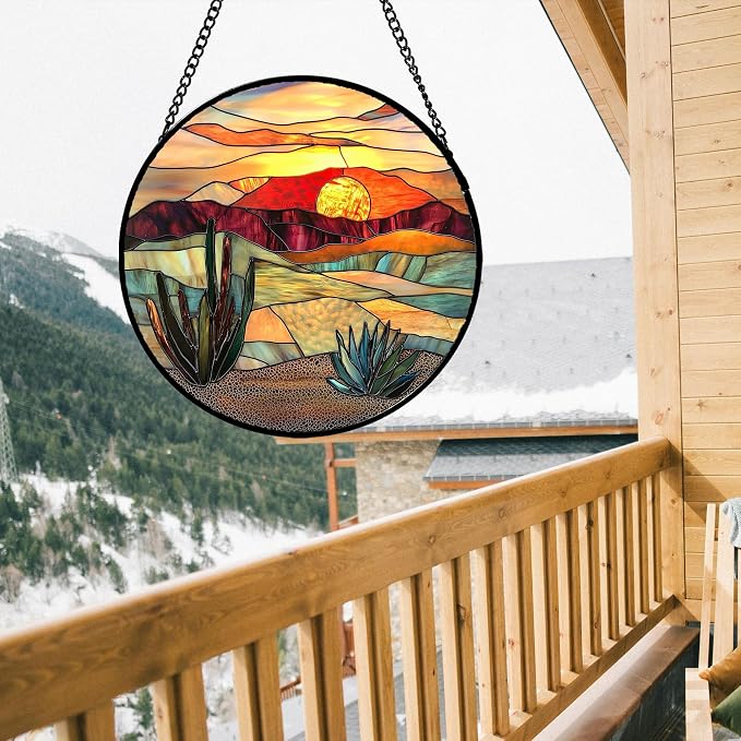 DASTOLL Stained Glass Window Hanging, Golden Landscape Dusk Sunset Suncatcher for Doors Window Home Cactus Sun Catchers Decoration Mother's Day Birthday Gifts for Women, Men, and Mom 9.8 in