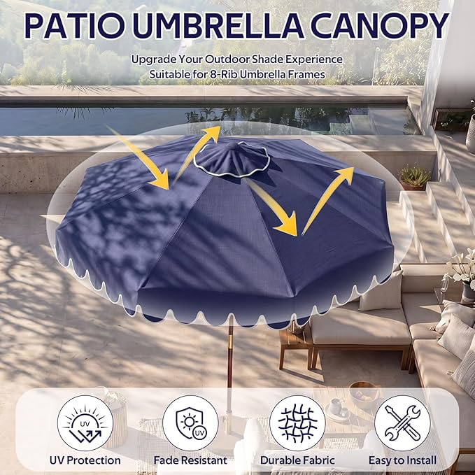 Scalloped Patio Umbrella Replacement Canopy Outdoor Boho Midcentury Market Umbrella Top Cover UV Protection for Patio Beach, Canopy Only