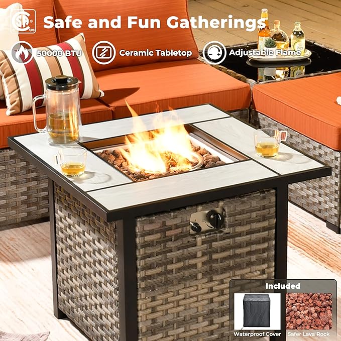 ovios 7 Pieces Patio Furniture Set, Outdoor Wicker Sectional Sofa with 30 Inch Fire Pit Table Comfy Cushions, Modern Modular Deep Seat Rattan Couch Conversation Set, Orange Red